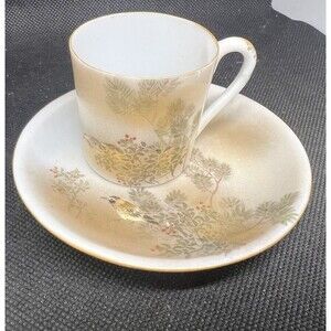 Vintage Japanese Kutani Porcelain Teacup Saucer Hand-Painted Red Artist Mark